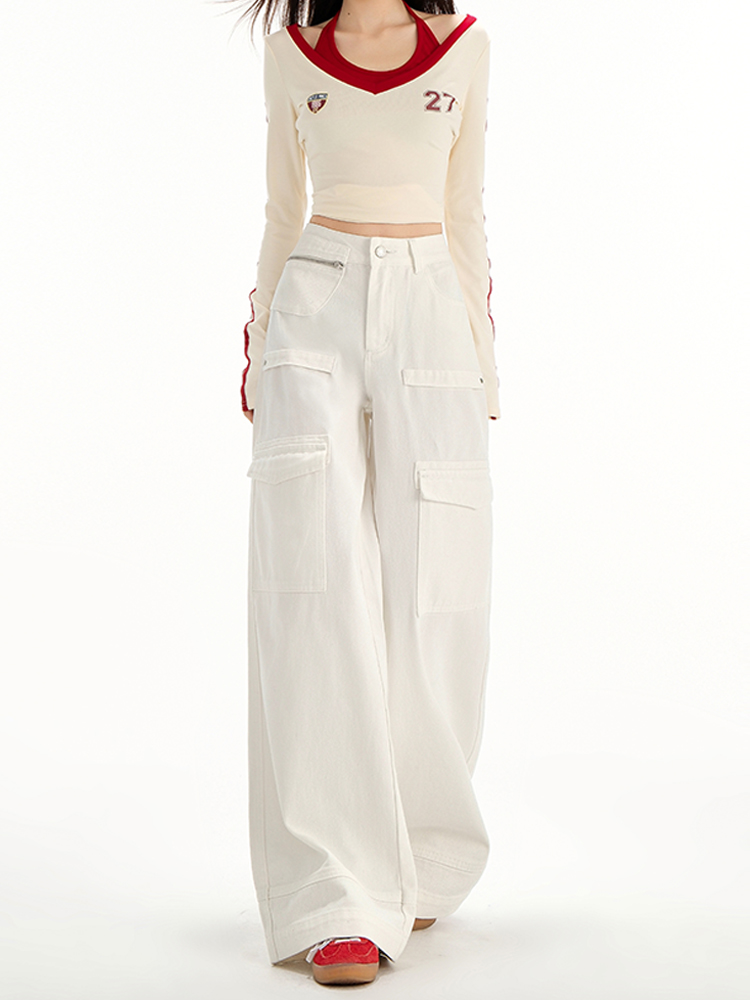 White Wide-Leg Denim Pants for Women, High-Waisted Casual Trousers with Multi-Pockets, Spring/Summer 2025 Fashion White Wide-Leg Denim Pants for Women, High-Waisted Casual Trousers with Multi-Pockets, Spring/Summer 2025 Fashion