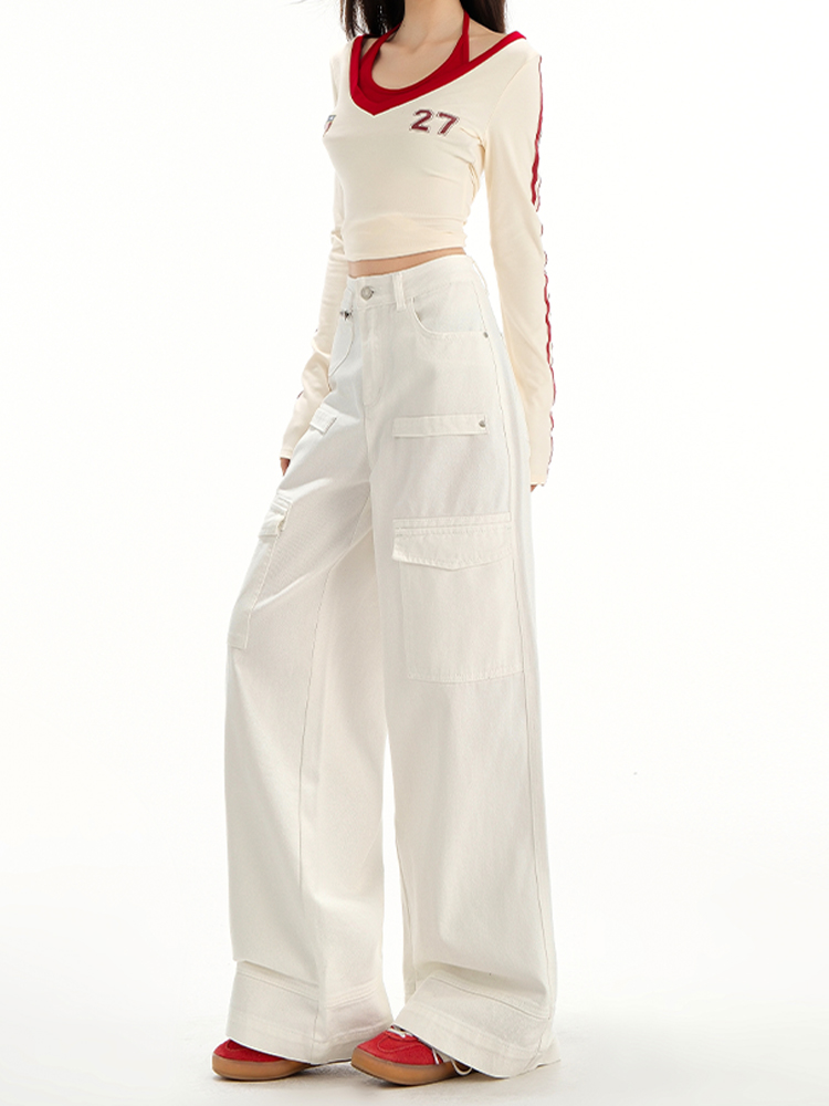 White Wide-Leg Denim Pants for Women, High-Waisted Casual Trousers with Multi-Pockets, Spring/Summer 2025 Fashion White Wide-Leg Denim Pants for Women, High-Waisted Casual Trousers with Multi-Pockets, Spring/Summer 2025 Fashion