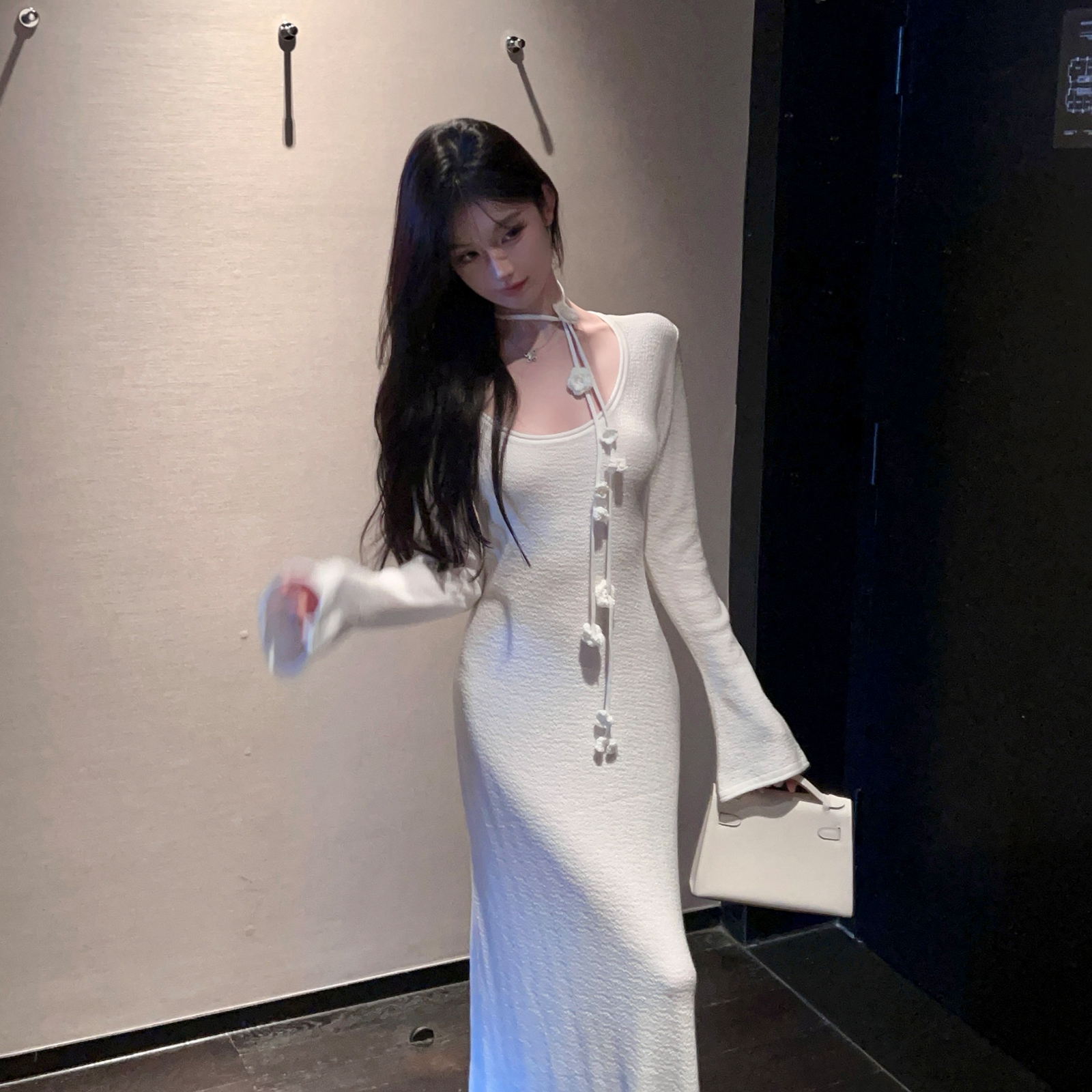 White Wool Knitted Long Slim Fit Mermaid Dress with Bell Sleeves and Floral Ribbon - Autumn Winter Fashion