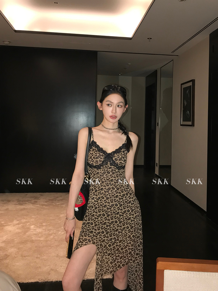 Wild Hot Girl American Vintage Leopard Print Lace Dress - Women's Long Summer Dress 2025, Trendy Y2K Style