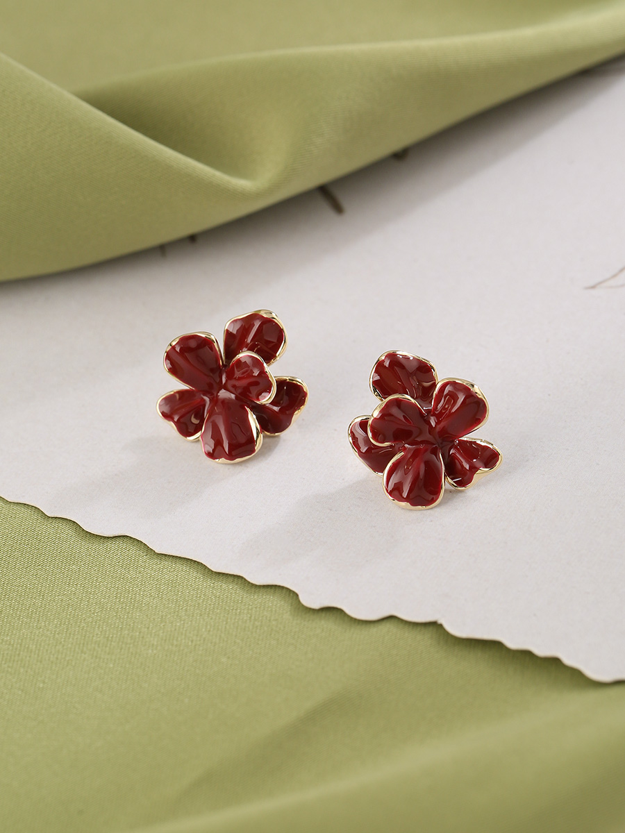 Wine Red Floral Stud Earrings for Women - 2025 French Niche Design, Stylish Autumn/Winter Accessories Wine Red Floral Stud Earrings for Women - 2025 French Niche Design, Stylish Autumn/Winter Accessories