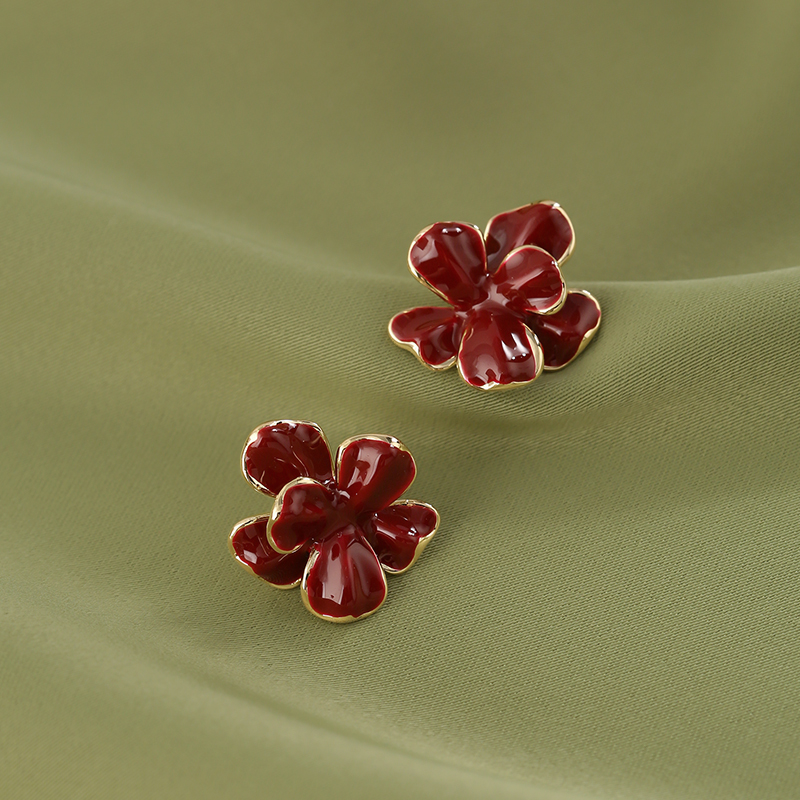 Wine Red Floral Stud Earrings for Women - 2025 French Niche Design, Stylish Autumn/Winter Accessories