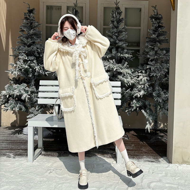 Winter 2025 Women's Loose Coat - Snow Puff Pudding Bear JK Uniform White Cute Long Sweater Overcoat