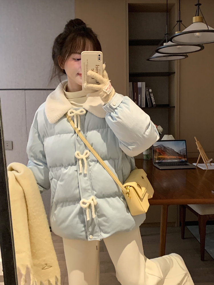 Winter Blue Bow Design Thick Slimming Cotton Jacket for Women - Cozy Chic Outerwear