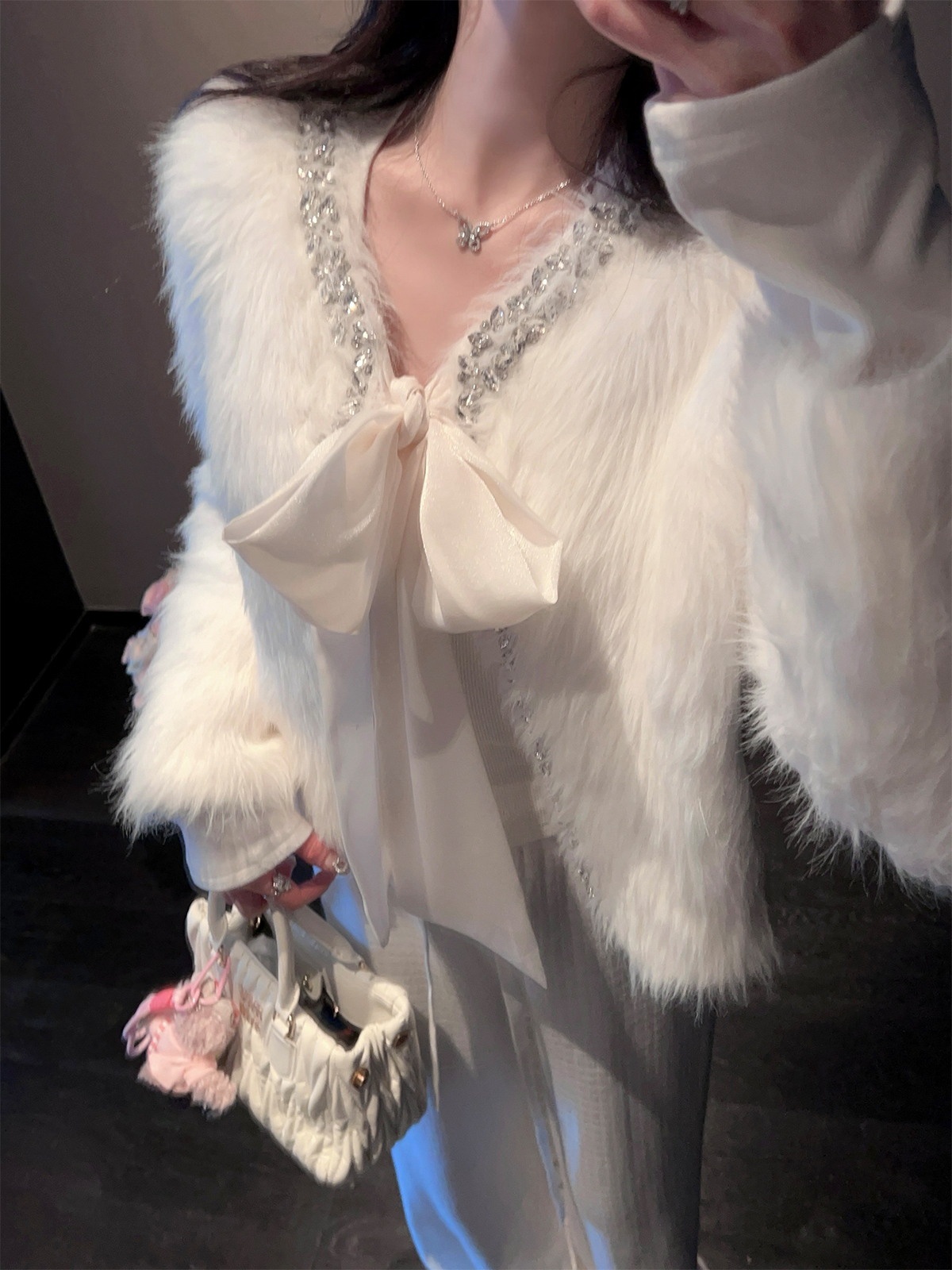 Winter Bowknot White Eco-Friendly Fur Coat Women's Heavy-Duty Soft Knitted Cardigan Sweater for Cozy Y2K Style