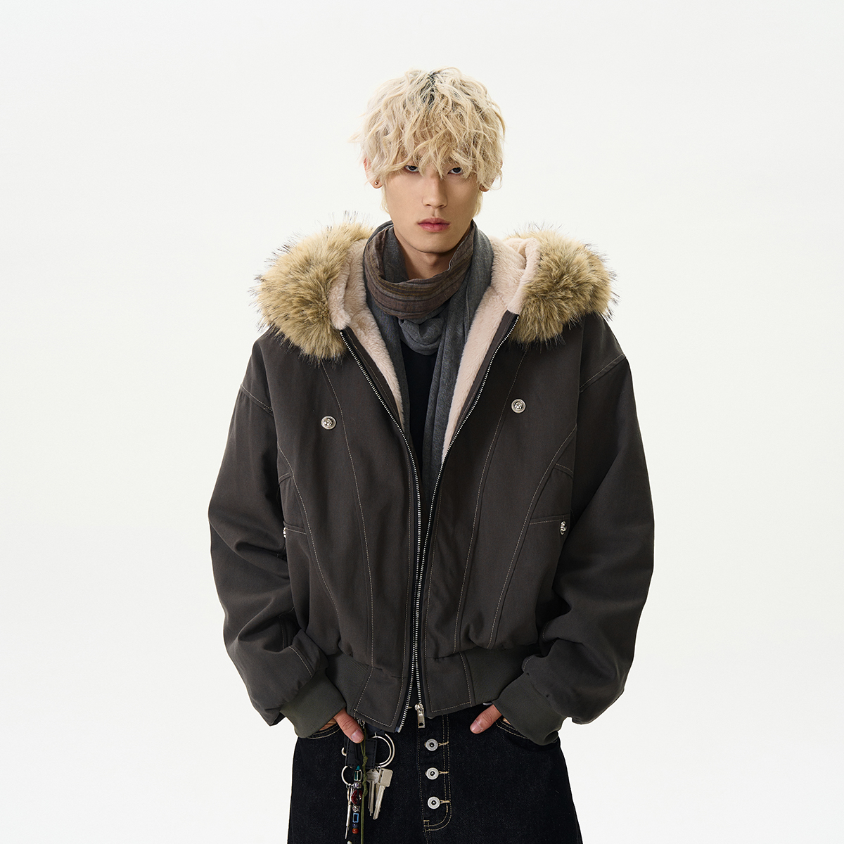 Winter Fur-Collared Deconstructed Spliced Hooded Jacket - American Retro Canvas Cotton Coat with Mountain Eagle Design