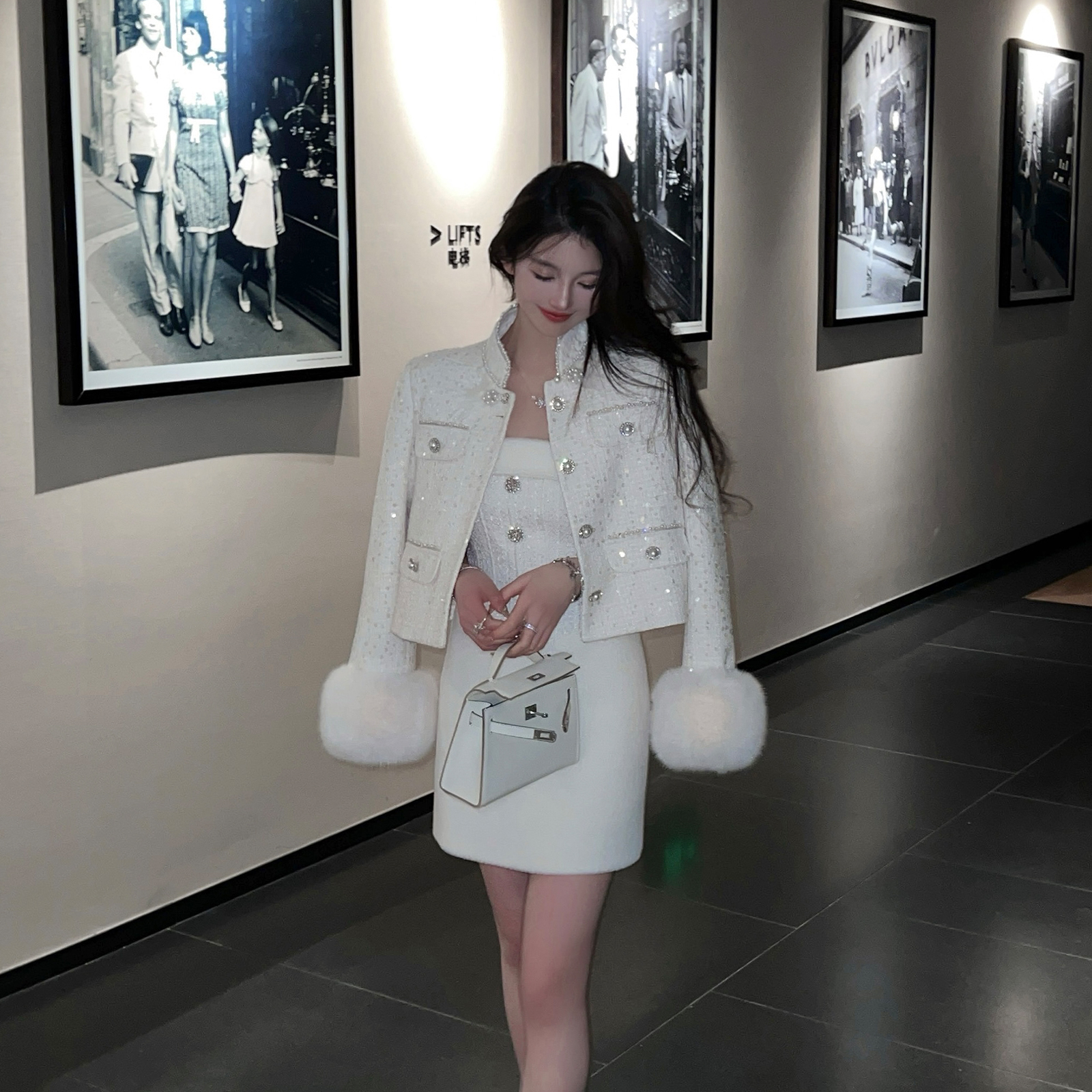 Winter Heavy Industry Sequin White Short Woolen Coat for Women with Thick Down Lining - Y2K Fashion Statement
