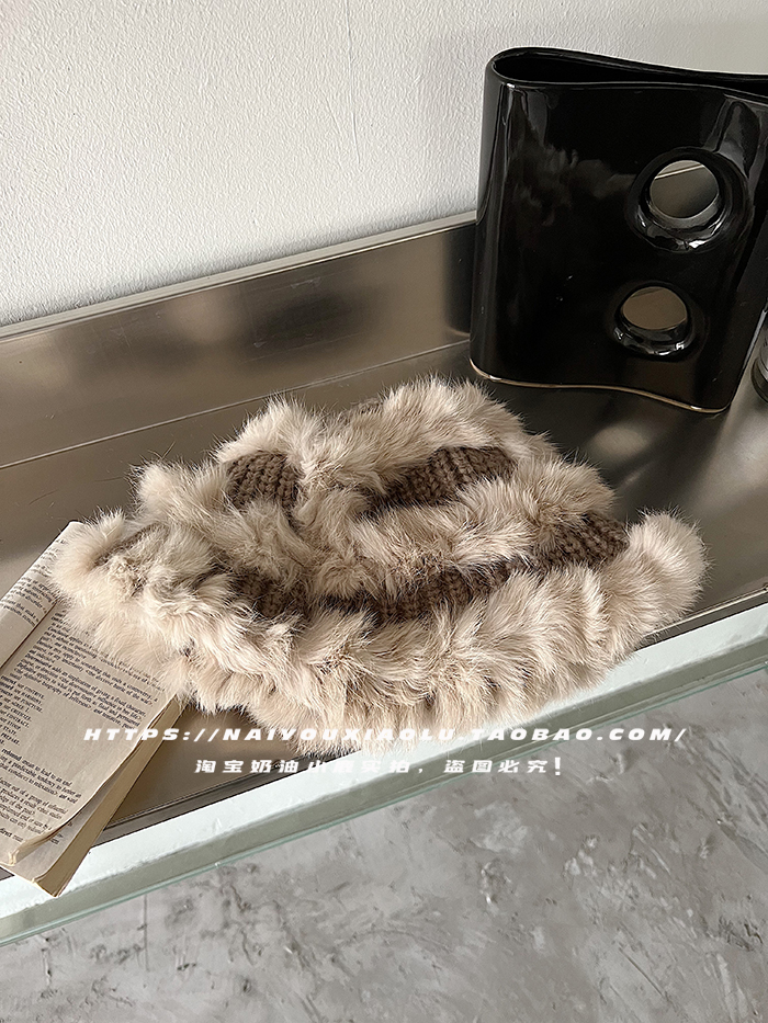 Winter Oversized Genuine Rabbit Fur Knitted Fluffy Fisherman's Hat for Women - Trendy Wool Velvet Design for a Smaller Face