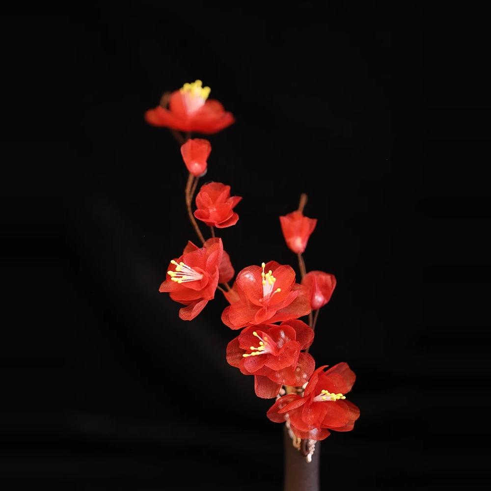 Winter Red Plum Silk Embossed Hanfu Hair Accessories - Ancient Style Hairpin Headpiece & Flower Clip for Tang Ming Bun Decoration