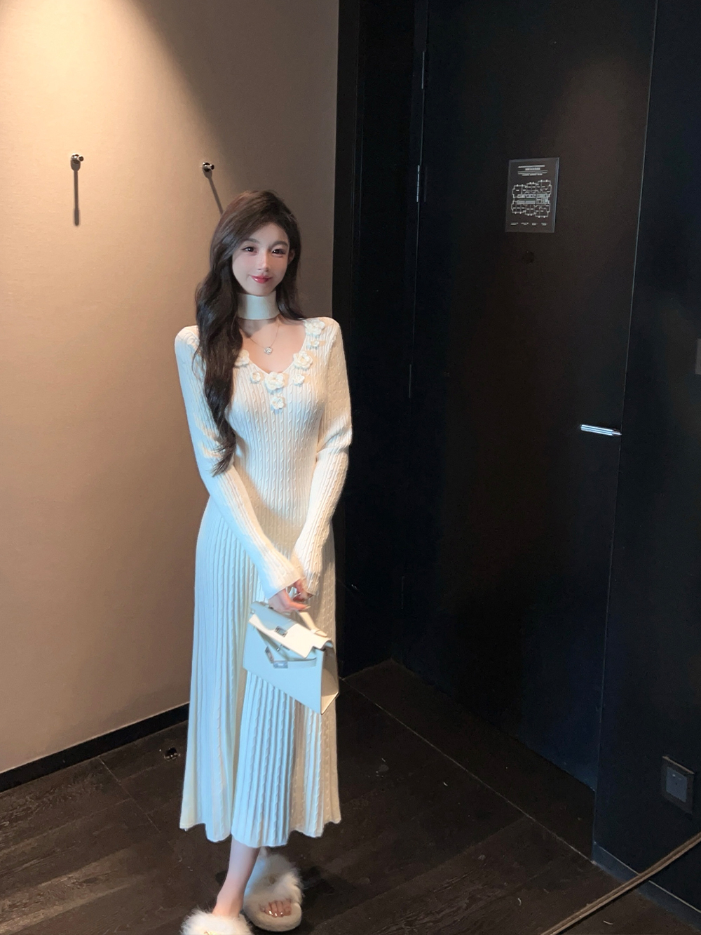 Winter V-neck Halter White Knitted Dress - Long Waist-Defining Sweater Dress for Chic Winter Style Winter V-neck Halter White Knitted Dress - Long Waist-Defining Sweater Dress for Chic Winter Style