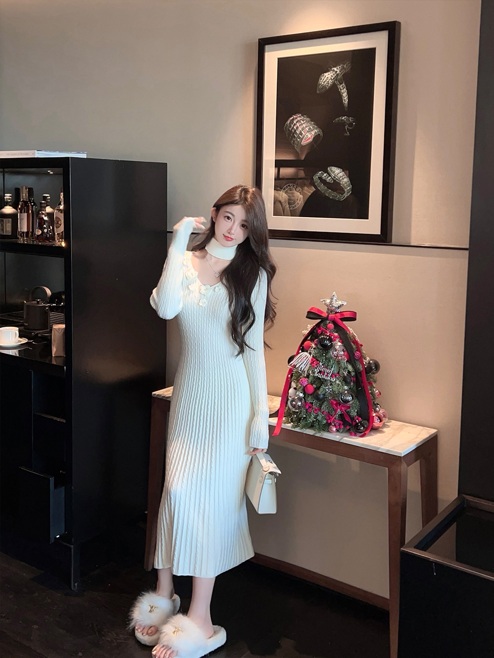 Winter V-neck Halter White Knitted Dress - Long Waist-Defining Sweater Dress for Chic Winter Style Winter V-neck Halter White Knitted Dress - Long Waist-Defining Sweater Dress for Chic Winter Style