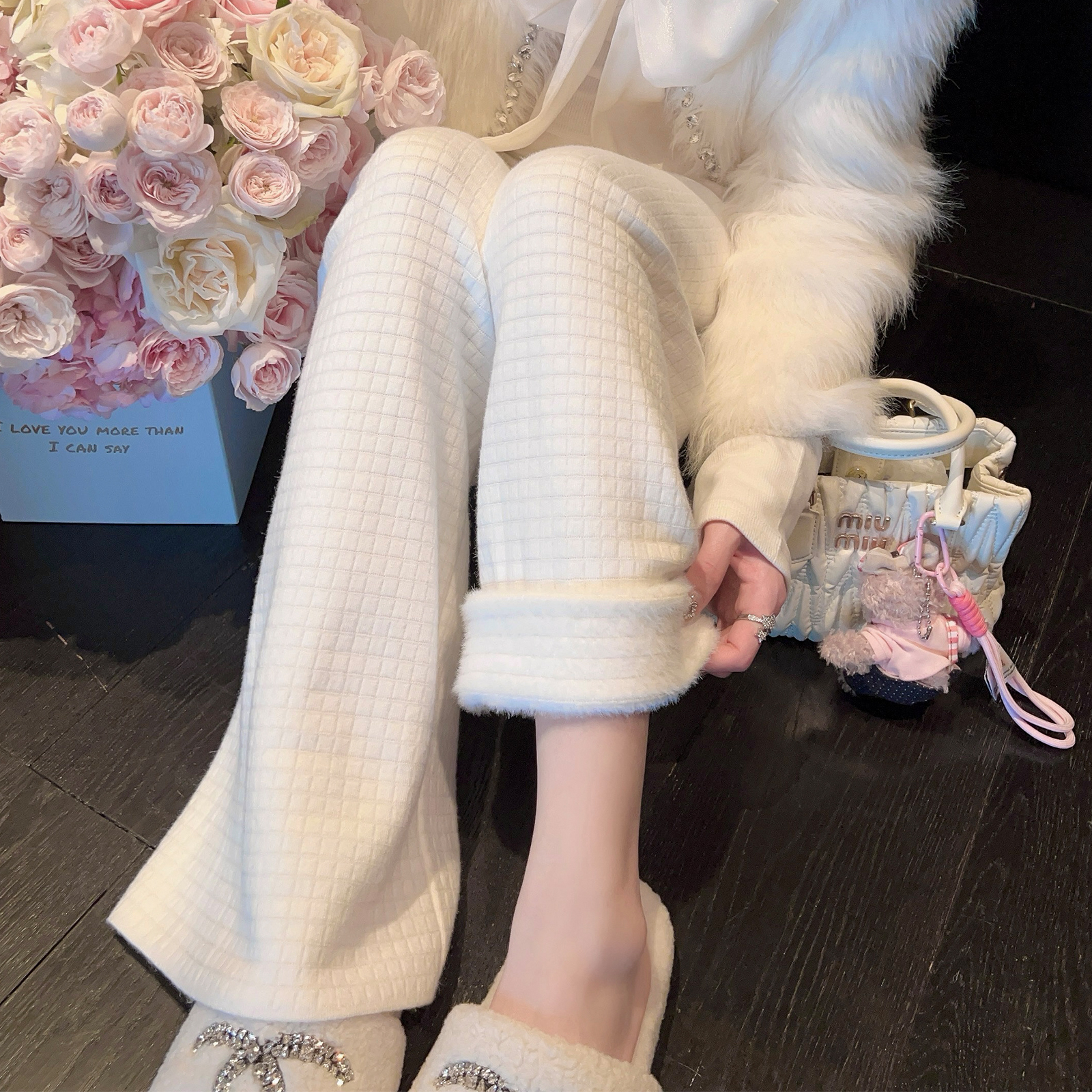 Winter White Fleece Waffle Pattern Wide-Leg Pants for Women - High-Waisted Casual Drawstring Trousers