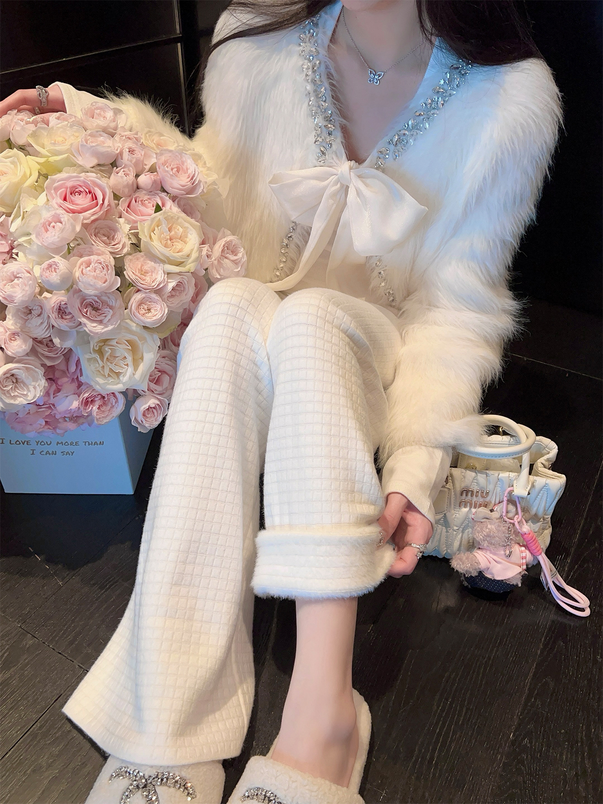 Winter White Fleece Waffle Pattern Wide-Leg Pants for Women - High-Waisted Casual Drawstring Trousers Winter White Fleece Waffle Pattern Wide-Leg Pants for Women - High-Waisted Casual Drawstring Trousers