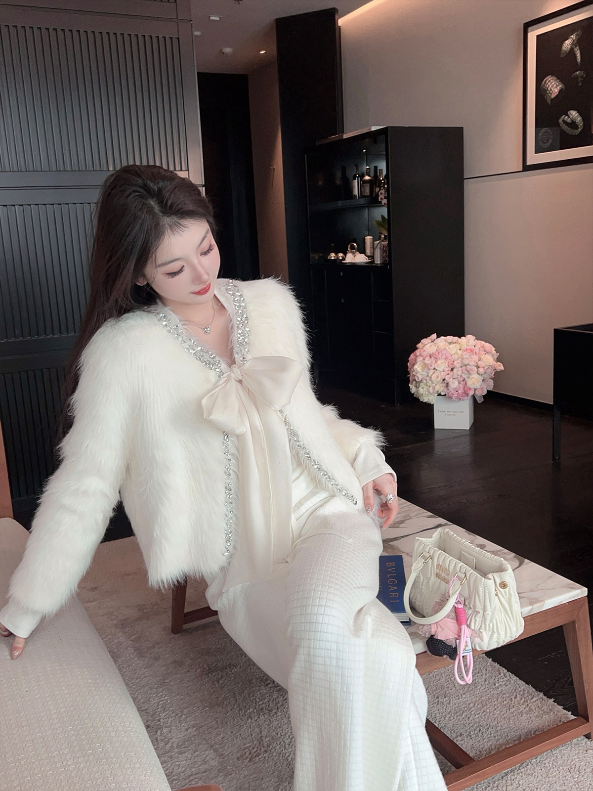 Winter White Fleece Waffle Pattern Wide-Leg Pants for Women - High-Waisted Casual Drawstring Trousers Winter White Fleece Waffle Pattern Wide-Leg Pants for Women - High-Waisted Casual Drawstring Trousers