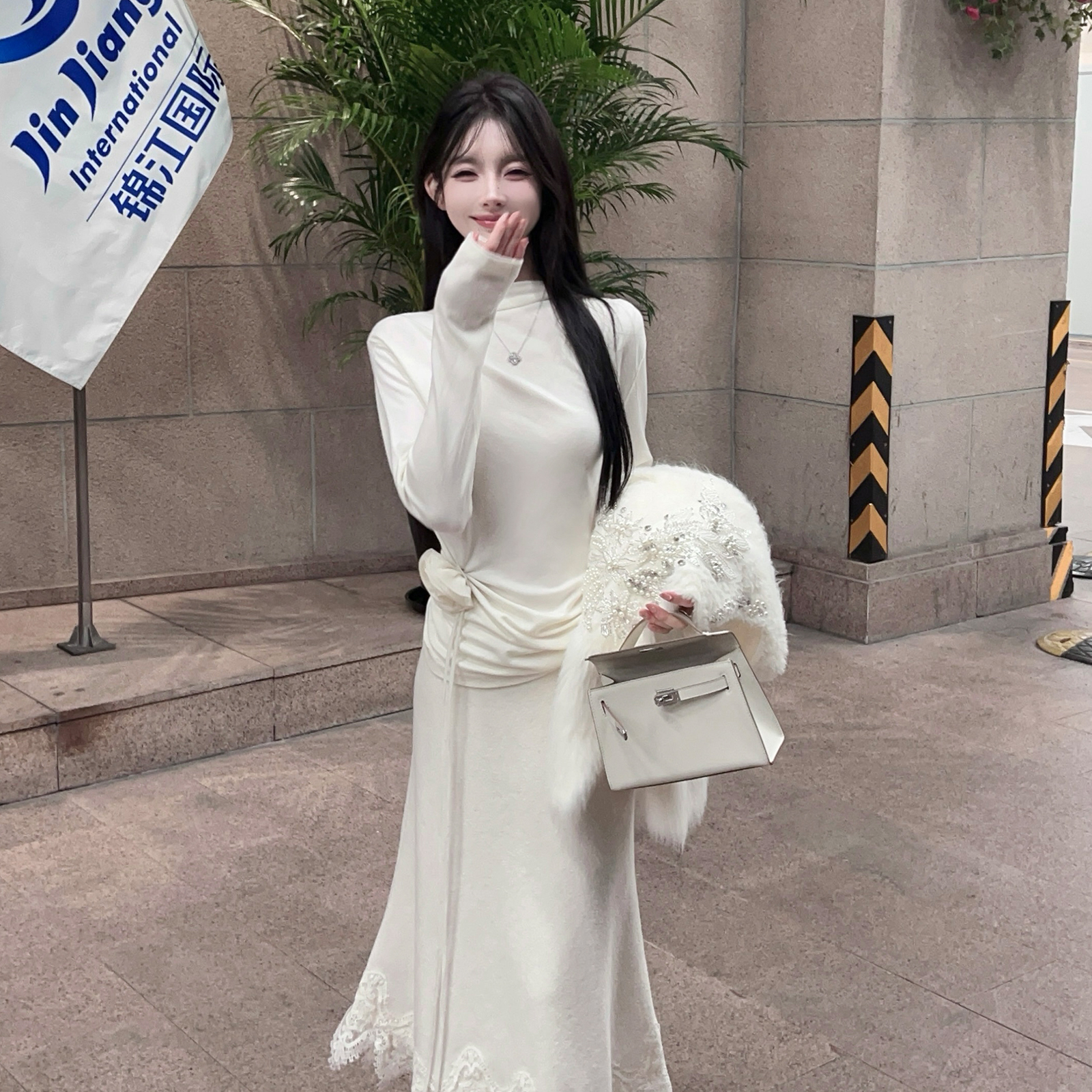 Winter White High Neck Knitted Top for Women - Slim Fit Base Layer with Floral Design, Perfect for Layering and 90s Style