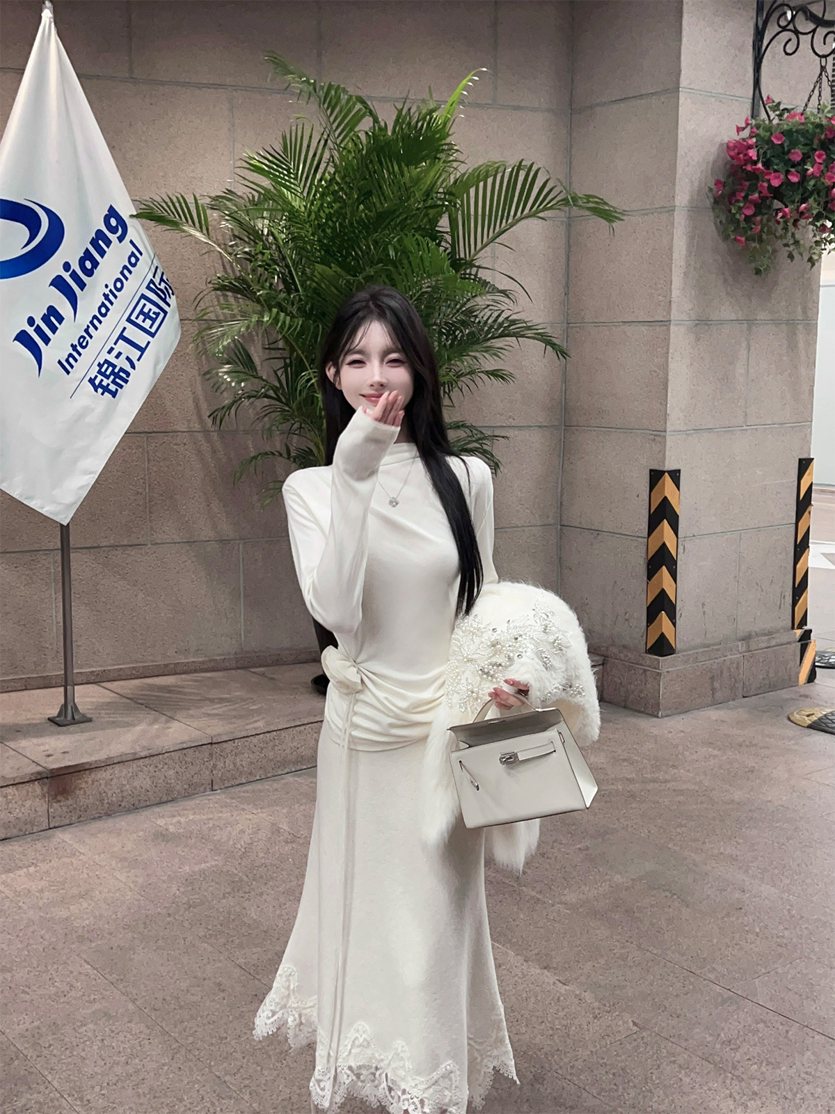 Winter White High Neck Knitted Top for Women - Slim Fit Base Layer with Floral Design, Perfect for Layering and 90s Style