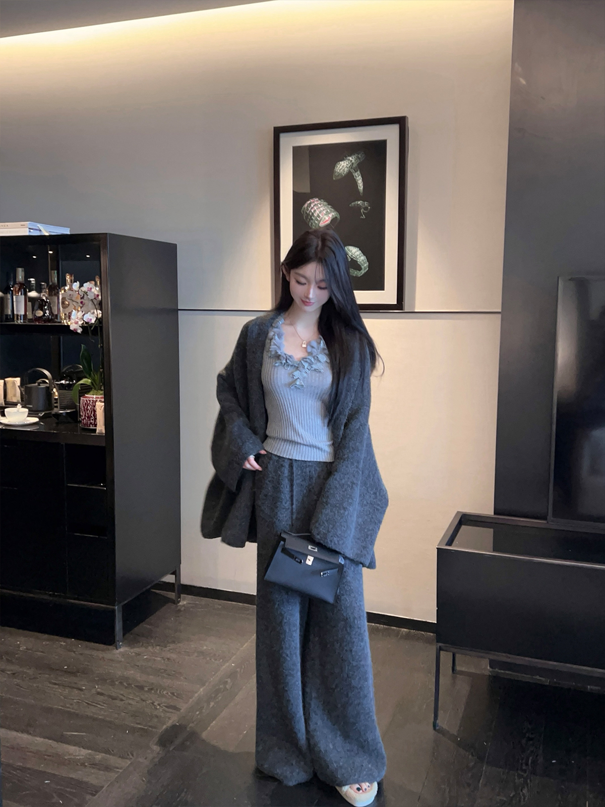 Winter White Lapel Sweater Coat and High Waist Wide Leg Pants Two-Piece Set for Women - Cozy Knit Fashion Ensemble Winter White Lapel Sweater Coat and High Waist Wide Leg Pants Two-Piece Set for Women - Cozy Knit Fashion Ensemble