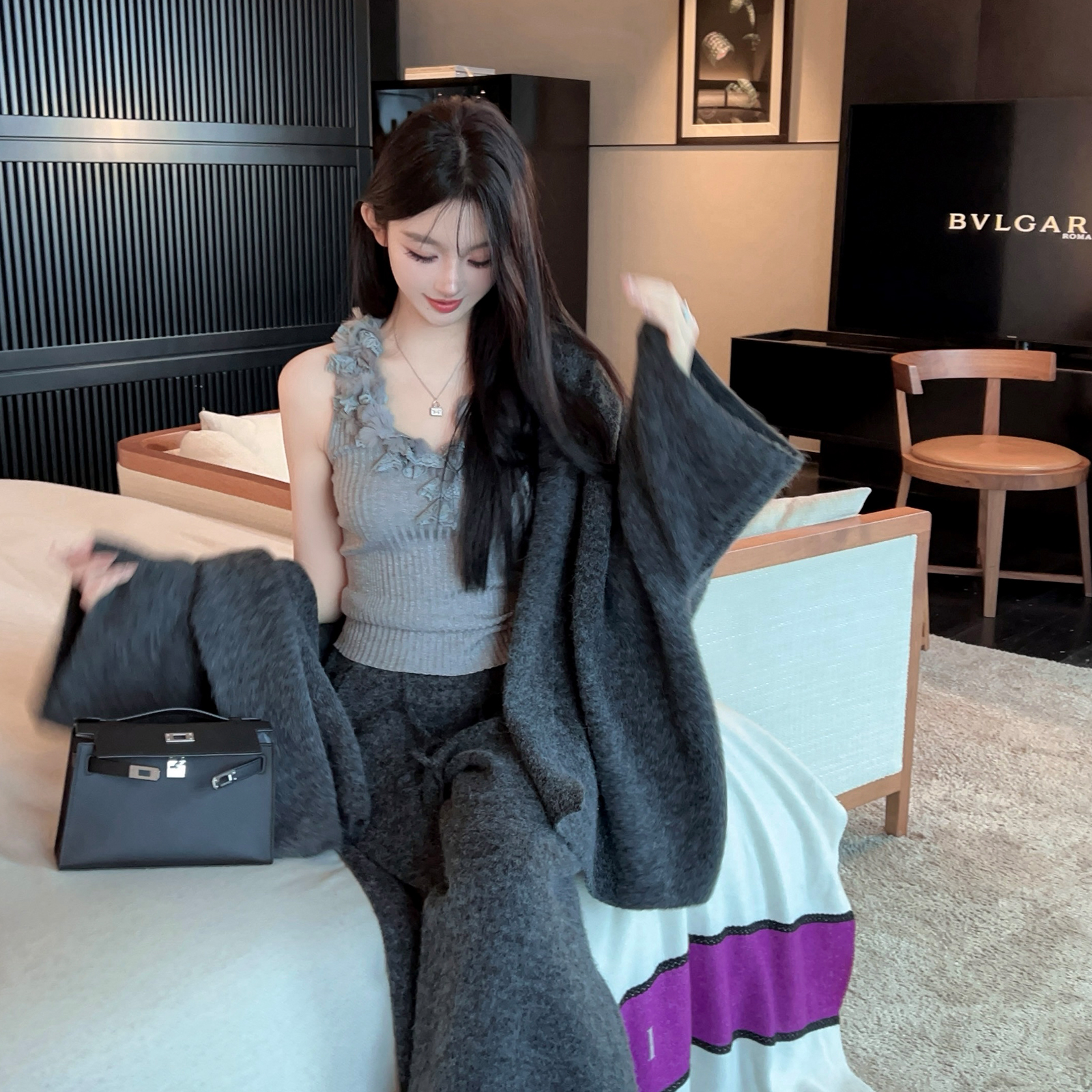 Winter White Lapel Sweater Coat and High Waist Wide Leg Pants Two-Piece Set for Women - Cozy Knit Fashion Ensemble