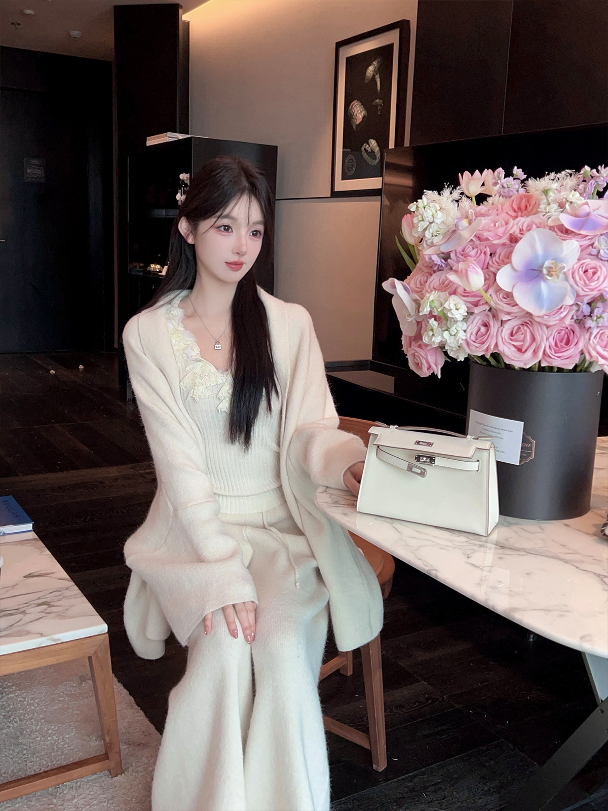 Winter White Lapel Sweater Coat and High Waist Wide Leg Pants Two-Piece Set for Women - Cozy Knit Fashion Ensemble Winter White Lapel Sweater Coat and High Waist Wide Leg Pants Two-Piece Set for Women - Cozy Knit Fashion Ensemble