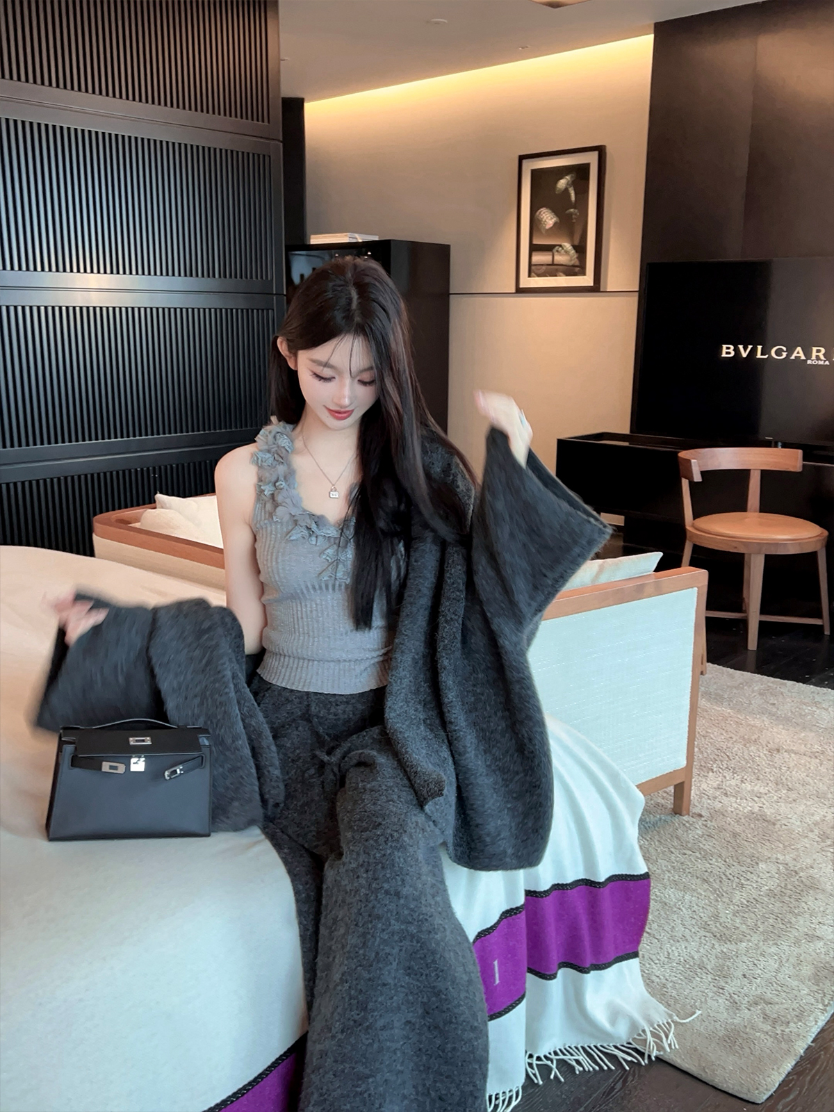 Winter White Lapel Sweater Coat and High Waist Wide Leg Pants Two-Piece Set for Women - Cozy Knit Fashion Ensemble Winter White Lapel Sweater Coat and High Waist Wide Leg Pants Two-Piece Set for Women - Cozy Knit Fashion Ensemble