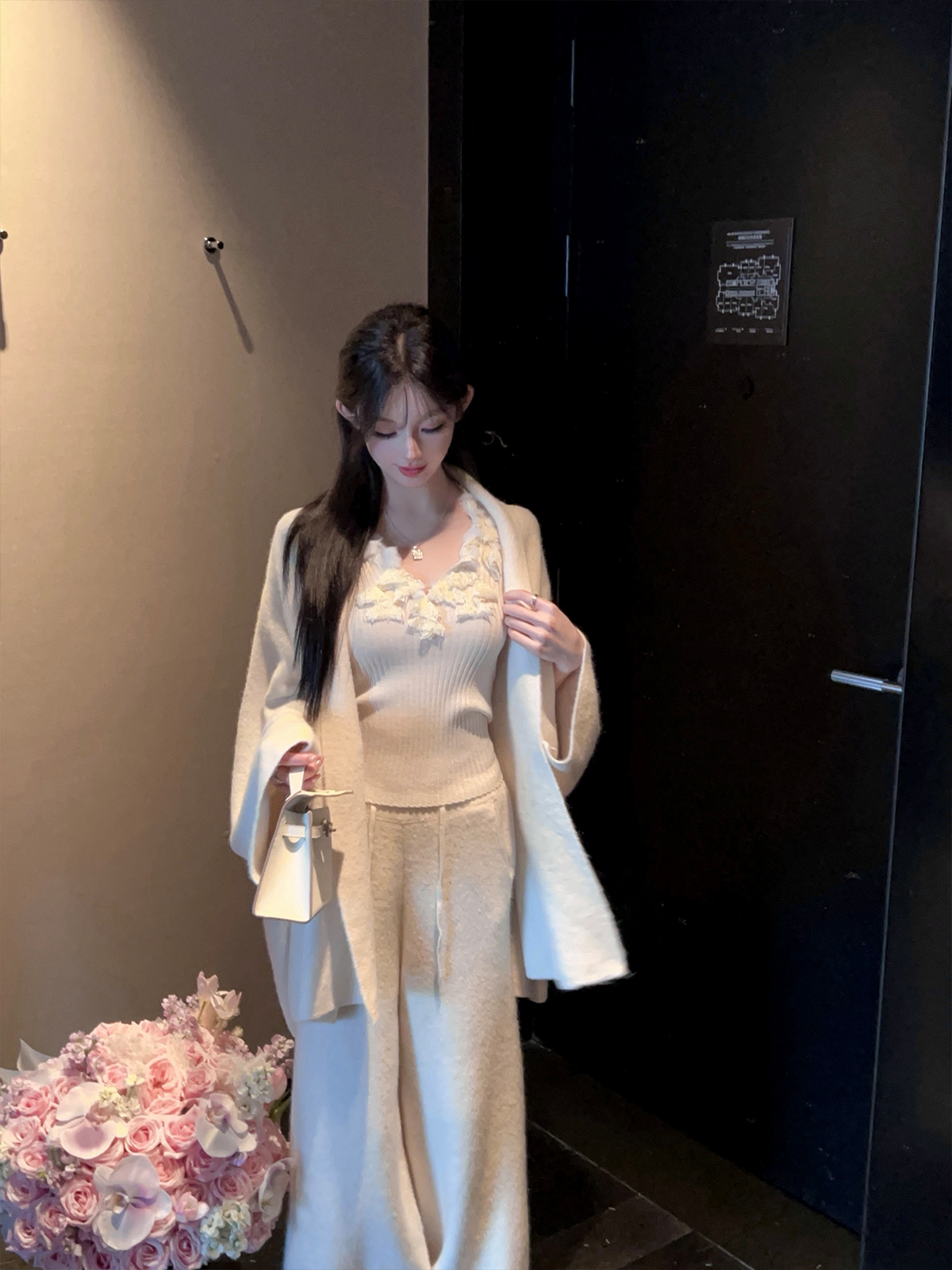 Winter White Lapel Sweater Coat and High Waist Wide Leg Pants Two-Piece Set for Women - Cozy Knit Fashion Ensemble Winter White Lapel Sweater Coat and High Waist Wide Leg Pants Two-Piece Set for Women - Cozy Knit Fashion Ensemble