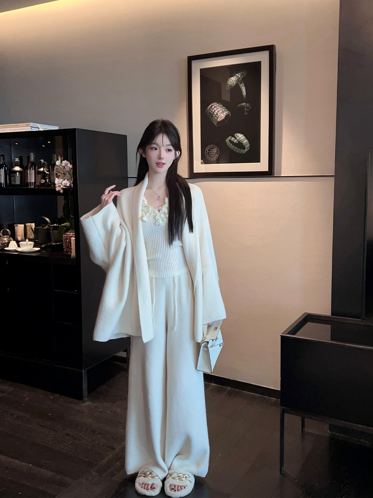 Winter White Lapel Sweater Coat and High Waist Wide Leg Pants Two-Piece Set for Women - Cozy Knit Fashion Ensemble