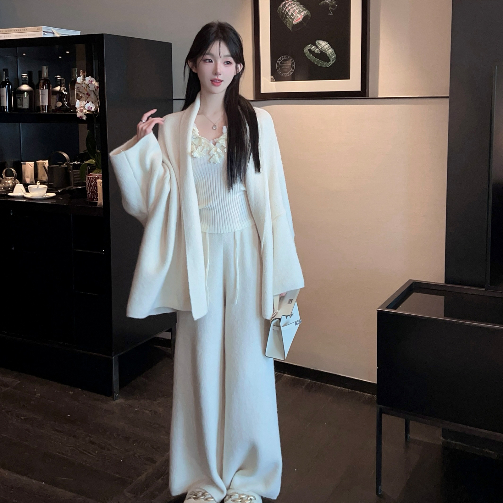 Winter White Lapel Sweater Coat and High Waist Wide Leg Pants Two-Piece Set for Women - Cozy Knit Fashion Ensemble Winter White Lapel Sweater Coat and High Waist Wide Leg Pants Two-Piece Set for Women - Cozy Knit Fashion Ensemble