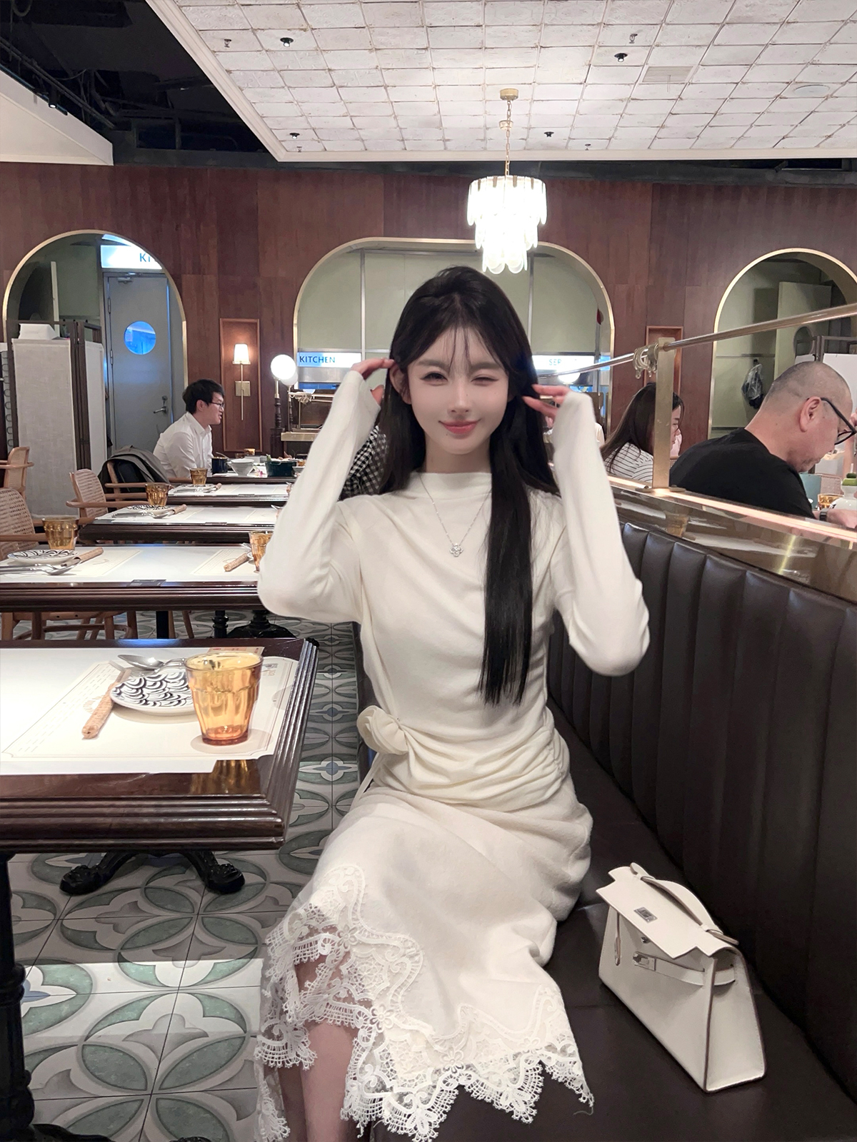 Winter White Slim High-Waisted Pencil Skirt with 50% Wool - Elegant Lace Design, Long Length for Chic Style Winter White Slim High-Waisted Pencil Skirt with 50% Wool - Elegant Lace Design, Long Length for Chic Style