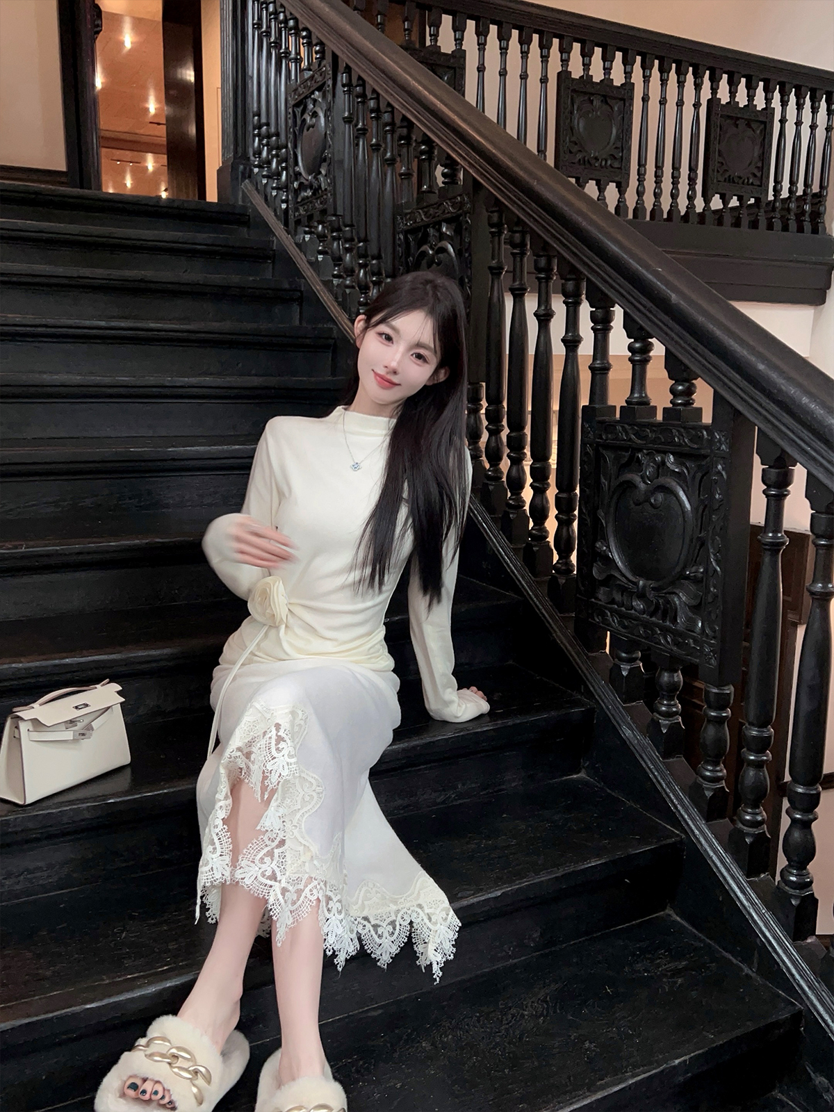 Winter White Slim High-Waisted Pencil Skirt with 50% Wool - Elegant Lace Design, Long Length for Chic Style Winter White Slim High-Waisted Pencil Skirt with 50% Wool - Elegant Lace Design, Long Length for Chic Style