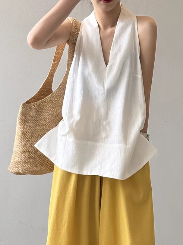 Women's 2025 Summer High-Grade Linen Tencel V-Neck Sleeveless Vest Top - Thin, Breathable Mid-Length Shirt Women's 2025 Summer High-Grade Linen Tencel V-Neck Sleeveless Vest Top - Thin, Breathable Mid-Length Shirt