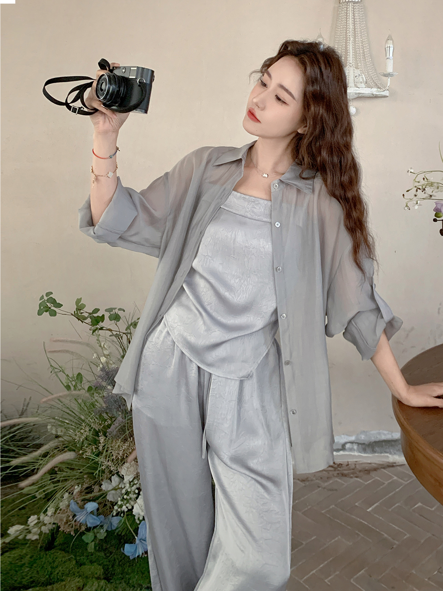 Women's 2025 Summer Three-Piece Set: Stylish Sunscreen Shirt, Camisole & Wide-Leg Pants for High-End Mature Temperament Women's 2025 Summer Three-Piece Set: Stylish Sunscreen Shirt, Camisole & Wide-Leg Pants for High-End Mature Temperament