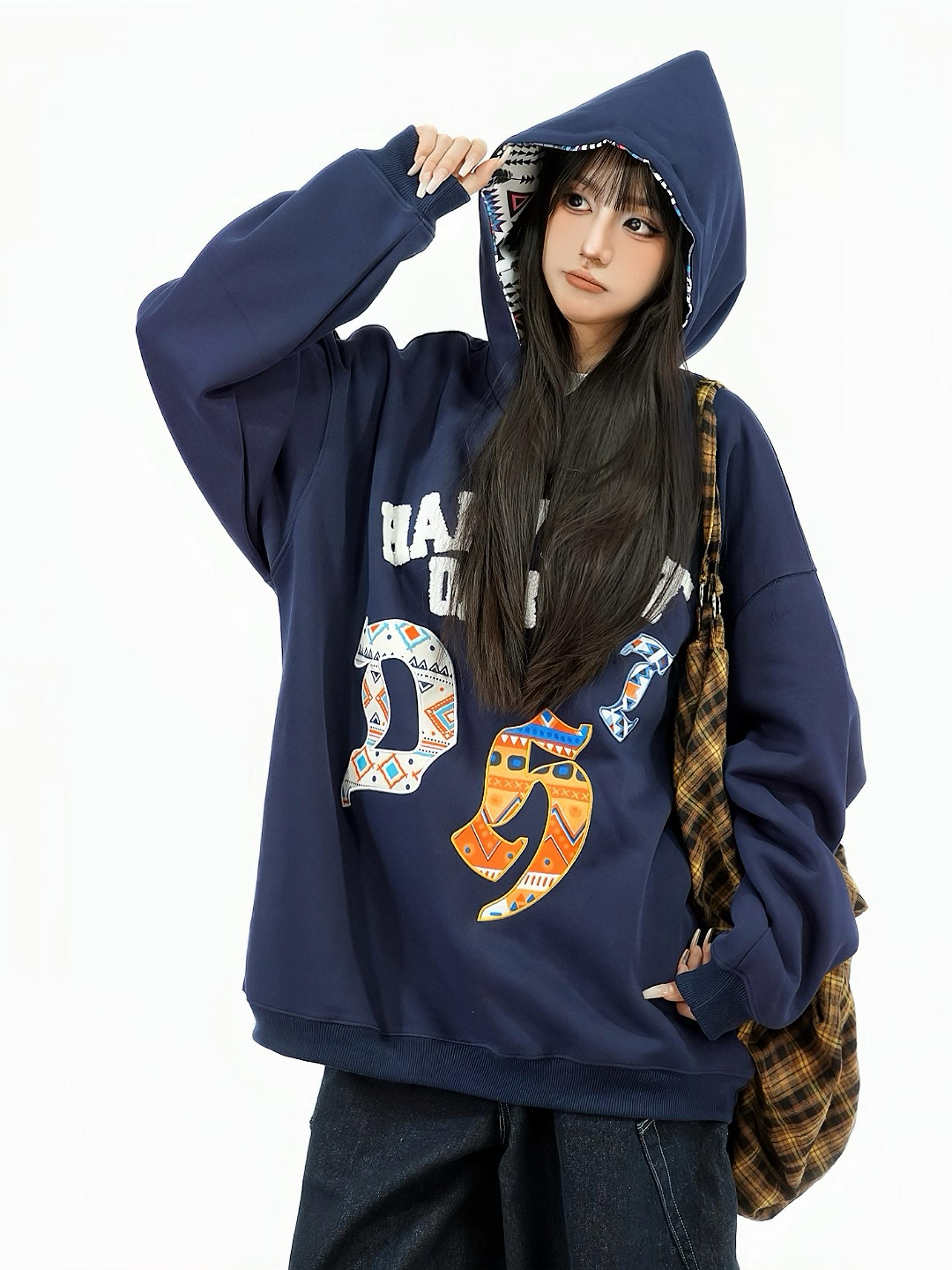 Women's 2025 Winter Hoodie - American Retro Design with Letter Embroidery, Thick Plush Sweatshirt, Trendy Amoeba Style
