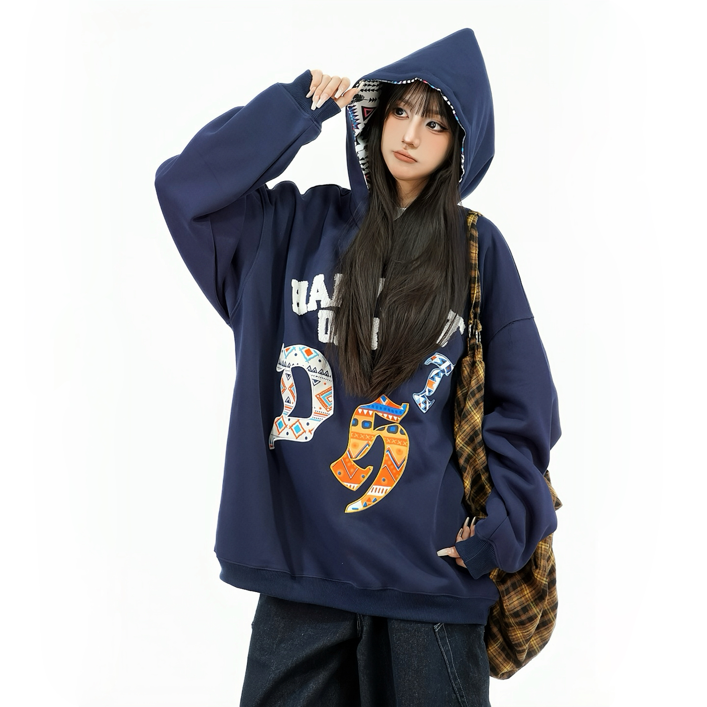 Women's 2025 Winter Hoodie - American Retro Design with Letter Embroidery, Thick Plush Sweatshirt, Trendy Amoeba Style