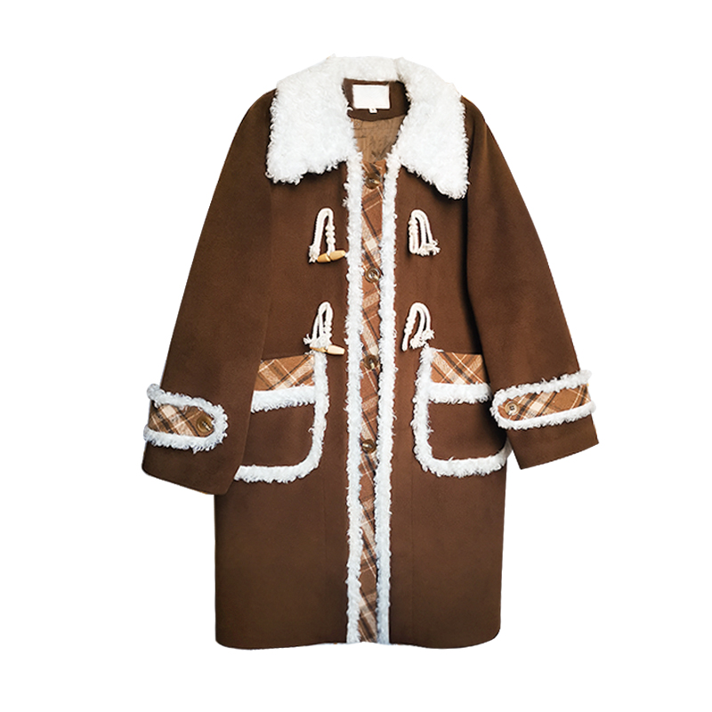 Women's 2025 Winter Mid-Length Black and White Plaid Woolen Coat - Pudding Bear JK Uniform Style Women's 2025 Winter Mid-Length Black and White Plaid Woolen Coat - Pudding Bear JK Uniform Style