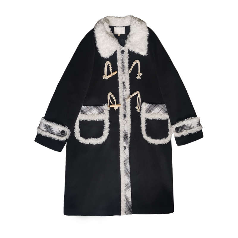 Women's 2025 Winter Mid-Length Black and White Plaid Woolen Coat - Pudding Bear JK Uniform Style