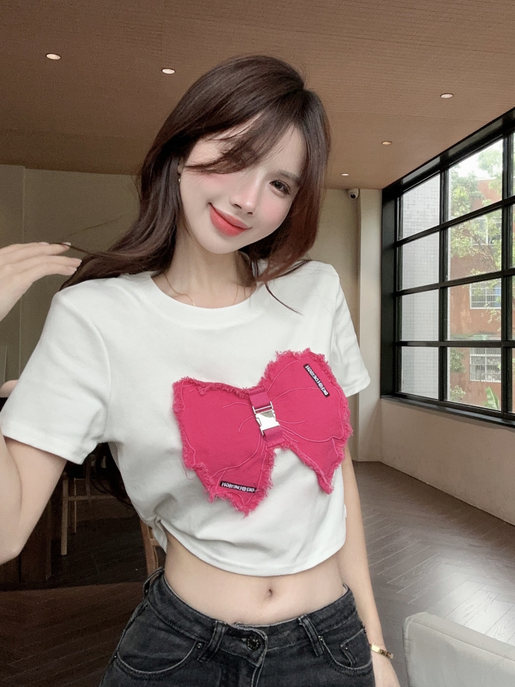 Women's American Cowboy Bow Patch Short-Sleeve T-Shirt - Stylish Slim Fit Top for Casual 90s and Y2K Fashion Women's American Cowboy Bow Patch Short-Sleeve T-Shirt - Stylish Slim Fit Top for Casual 90s and Y2K Fashion