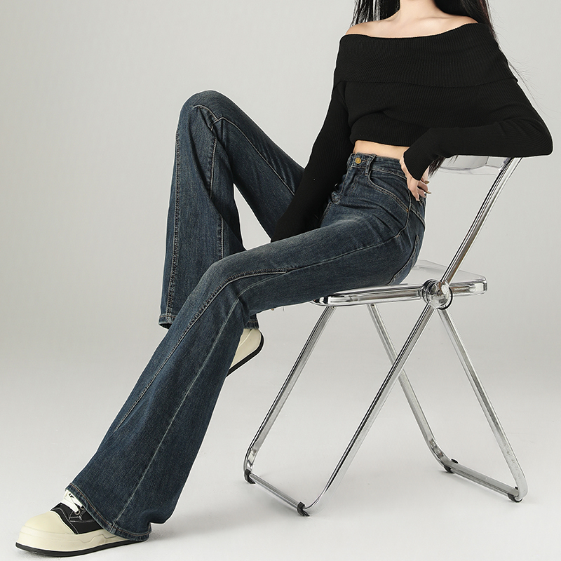 Women's American Retro Fleece-Lined Flared Jeans, Spliced Stretchy Slimming Draped Pants for Autumn Winter 2025