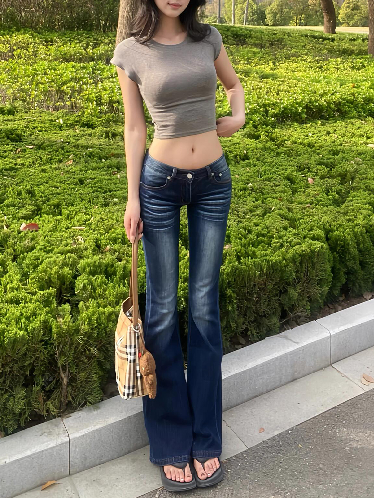 Women's American Retro Low-Waist Flared Jeans - Sexy Slim-Fit Straight Leg Pants for Summer Style
