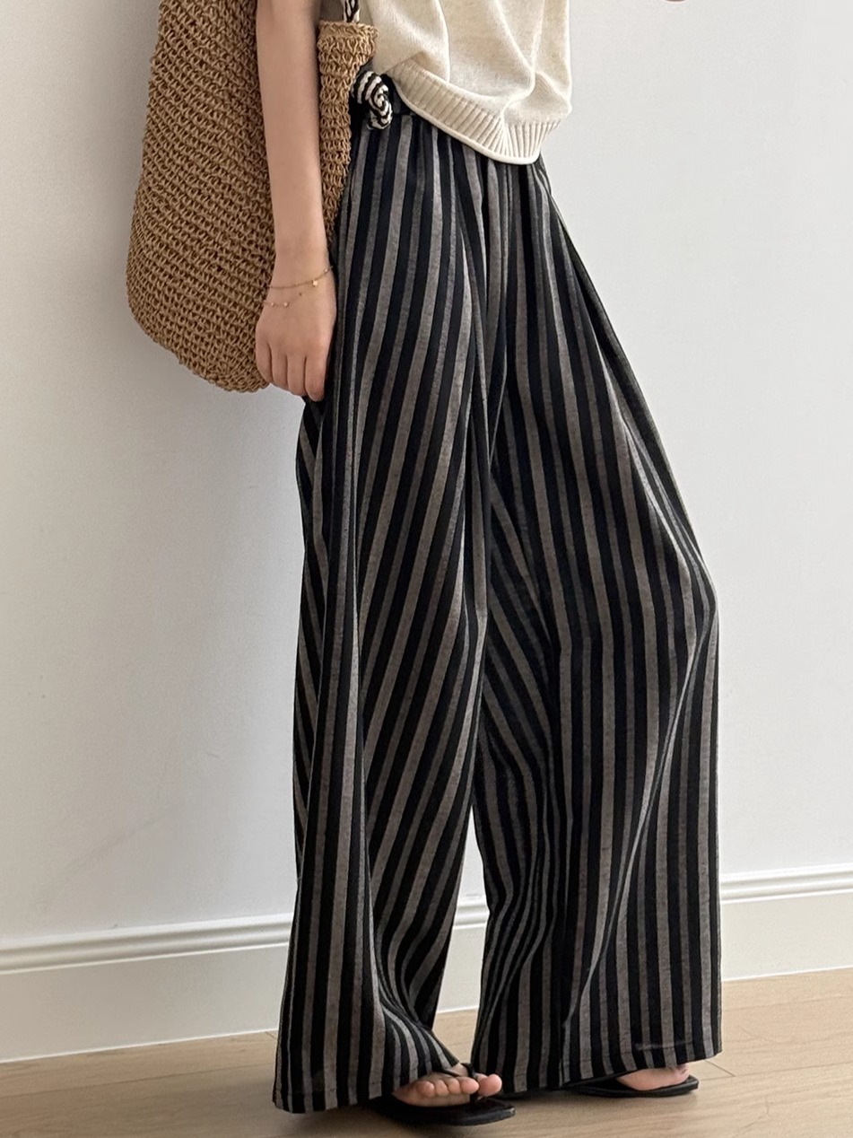 Women's American Retro Striped Casual Pants, Loose High-End Straight-Leg Style for Summer 2025, Floor-Length Y2K Fashion