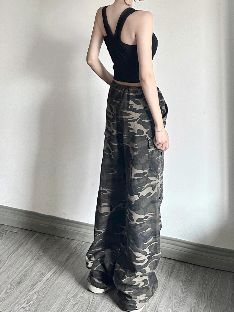 Women's American-Style Camouflage Denim Work Pants, Drawstring Loose Wide-Leg Casual Sports Trousers Women's American-Style Camouflage Denim Work Pants, Drawstring Loose Wide-Leg Casual Sports Trousers