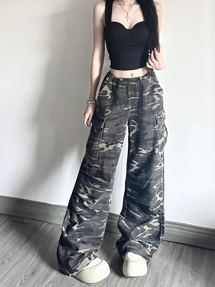 Women's American-Style Camouflage Denim Work Pants, Drawstring Loose Wide-Leg Casual Sports Trousers Women's American-Style Camouflage Denim Work Pants, Drawstring Loose Wide-Leg Casual Sports Trousers