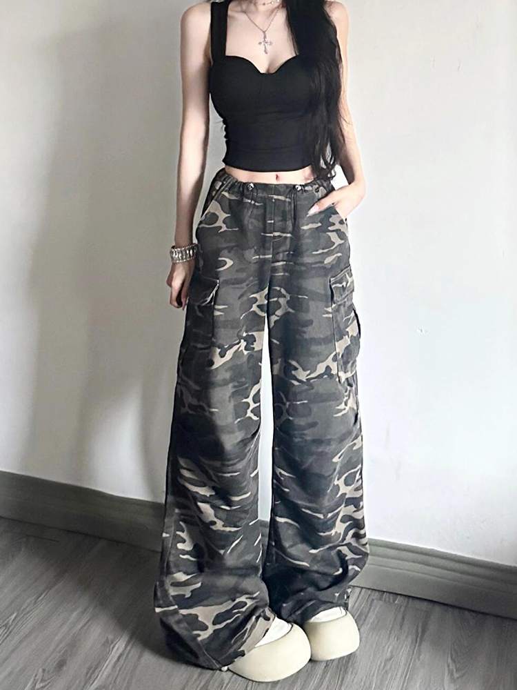Women's American-Style Camouflage Denim Work Pants, Drawstring Loose Wide-Leg Casual Sports Trousers Women's American-Style Camouflage Denim Work Pants, Drawstring Loose Wide-Leg Casual Sports Trousers
