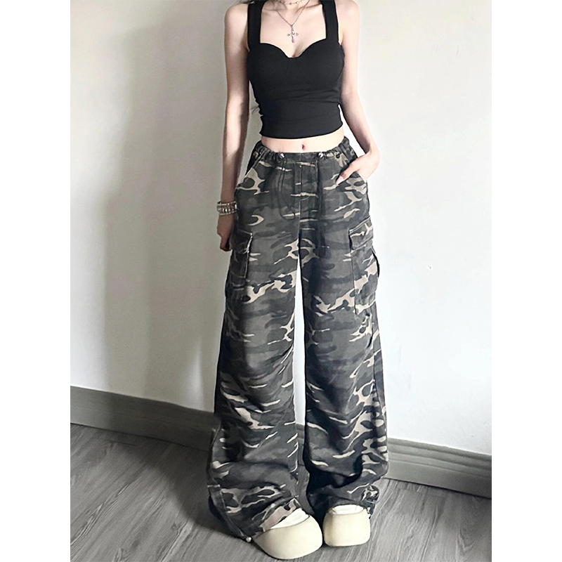 Women's American-Style Camouflage Denim Work Pants, Drawstring Loose Wide-Leg Casual Sports Trousers