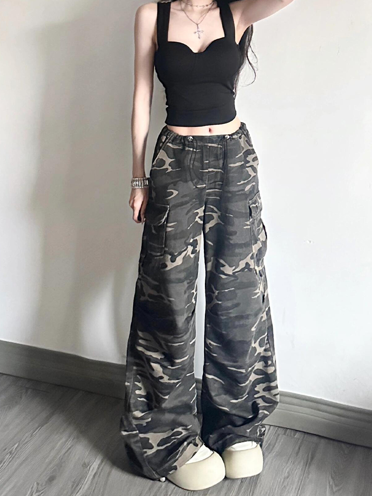 Women's American-Style Camouflage Denim Work Pants, Drawstring Loose Wide-Leg Casual Sports Trousers Women's American-Style Camouflage Denim Work Pants, Drawstring Loose Wide-Leg Casual Sports Trousers