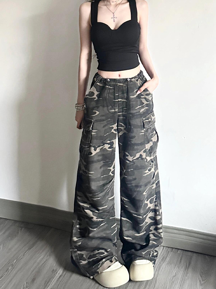 Women's American-Style Camouflage Denim Work Pants, Drawstring Loose Wide-Leg Casual Sports Trousers Women's American-Style Camouflage Denim Work Pants, Drawstring Loose Wide-Leg Casual Sports Trousers