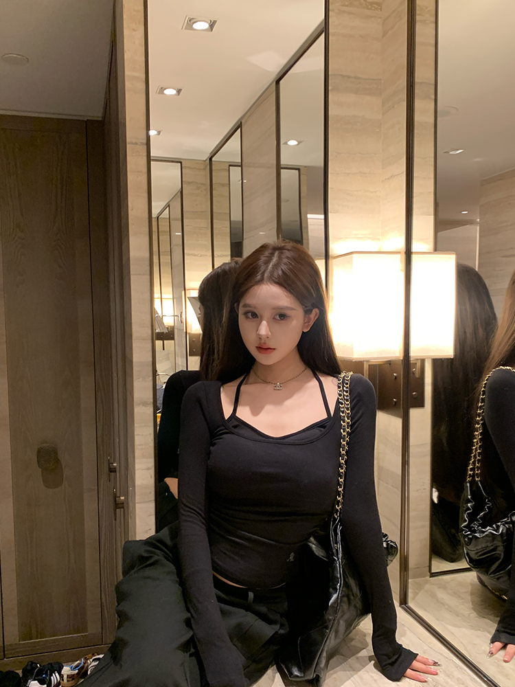 Women's American Style Fake Two-Piece Long Sleeve T-Shirt - Slim Fit Basic Top for Early Autumn Fashion