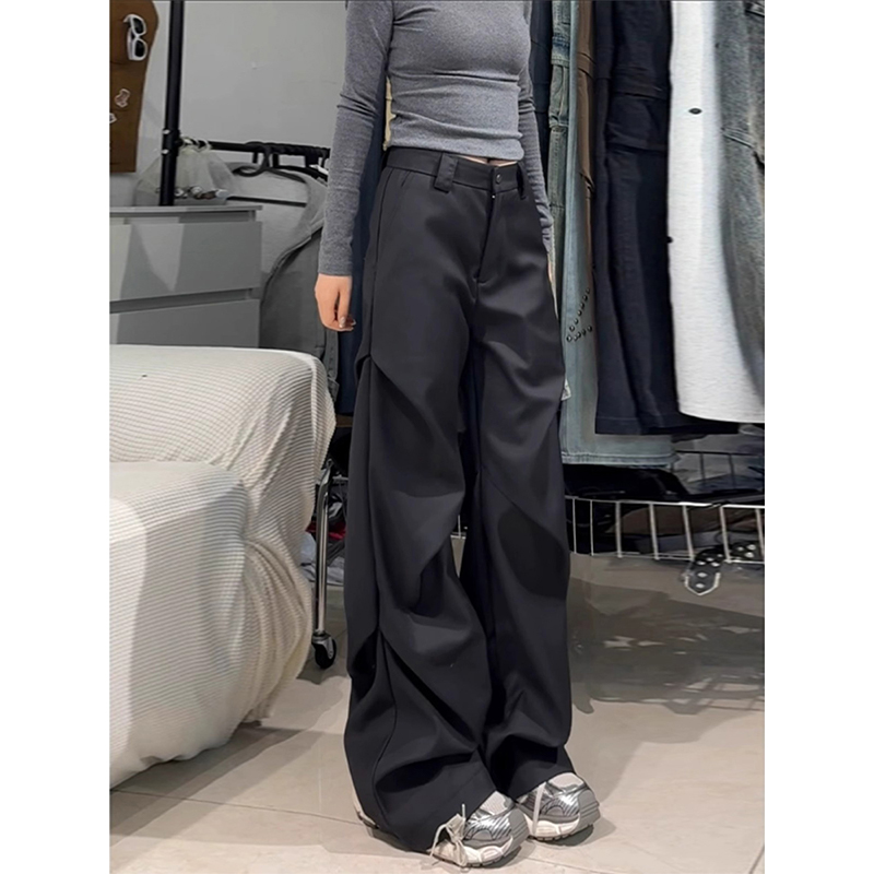 Women's American Style Pleated Suit Pants - Clean Fit, Niche Loose Wide-Leg, Casual Flared Design