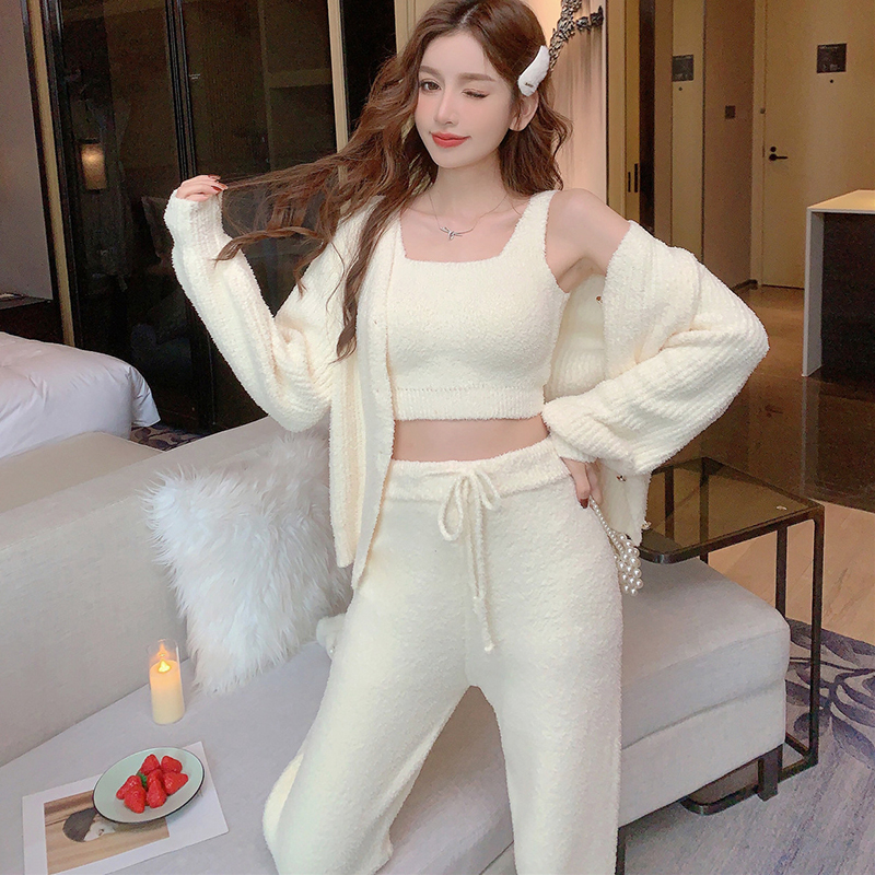 Women's Autumn Winter Thickened Coral Fleece Pajama Set - Sexy Camisole with Chest Pad, Cozy Three-Piece Homewear