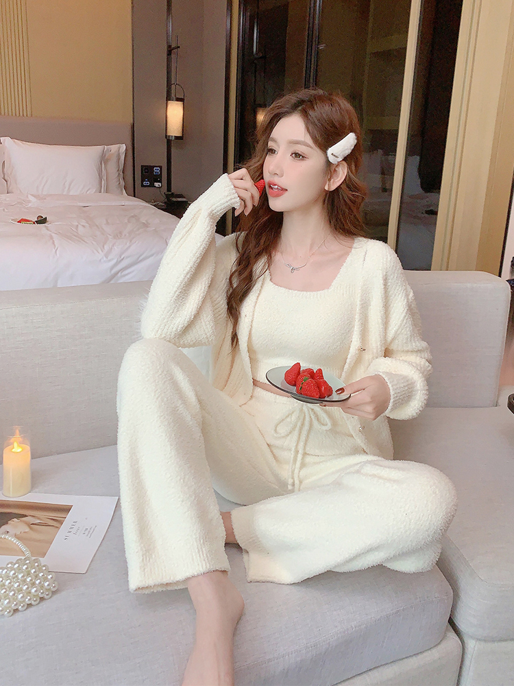 Women's Autumn Winter Thickened Coral Fleece Pajama Set - Sexy Camisole with Chest Pad, Cozy Three-Piece Homewear Women's Autumn Winter Thickened Coral Fleece Pajama Set - Sexy Camisole with Chest Pad, Cozy Three-Piece Homewear