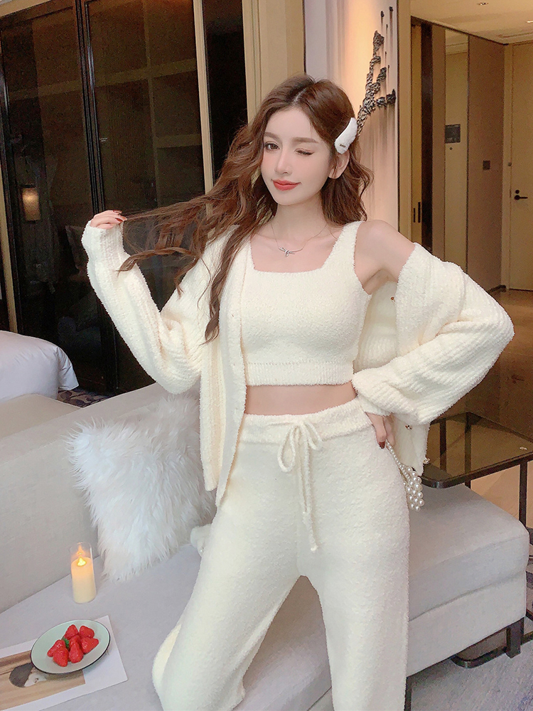 Women's Autumn Winter Thickened Coral Fleece Pajama Set - Sexy Camisole with Chest Pad, Cozy Three-Piece Homewear Women's Autumn Winter Thickened Coral Fleece Pajama Set - Sexy Camisole with Chest Pad, Cozy Three-Piece Homewear